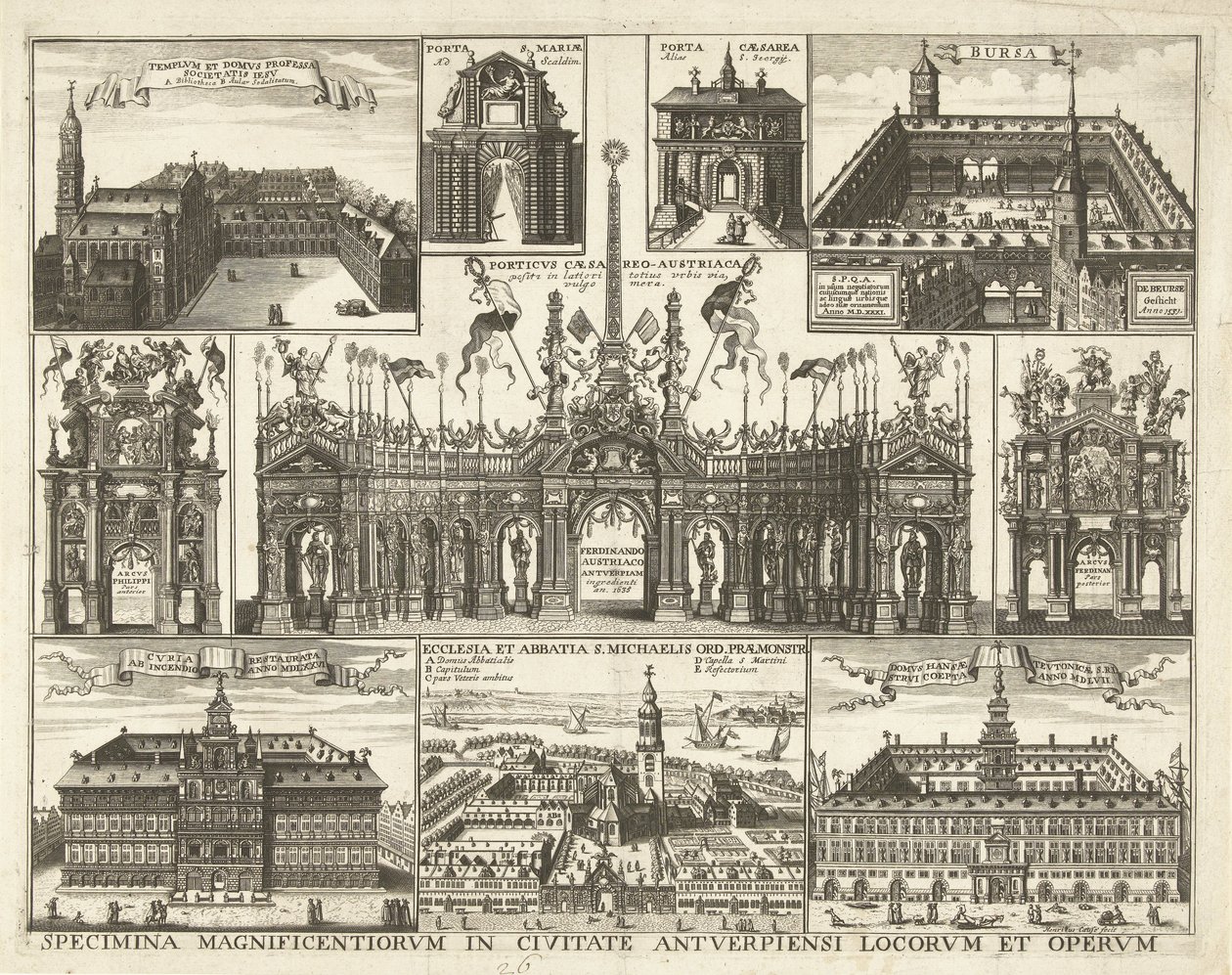 Blad met tien voorsetningen van de intocht van de Kardinaal Infant Ferdinand te Antwerpen, 1635 Eksemplarer av de mest praktfulle stedene og verkene i byen Antwerpen (tittel på objekt) av Hendrik Causé
