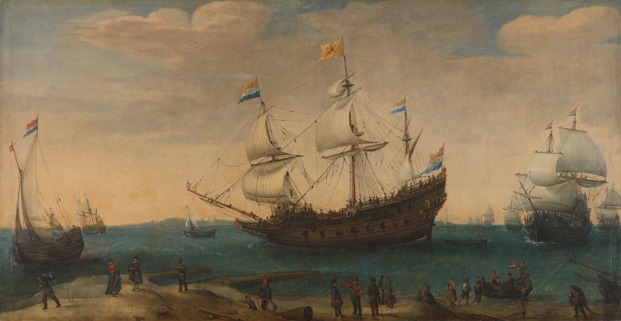 En rekke østindiamenn utenfor kysten (Mauritius og andre østindiamenn som seiler ut av Marsdiep) av Hendrick Cornelisz. Vroom