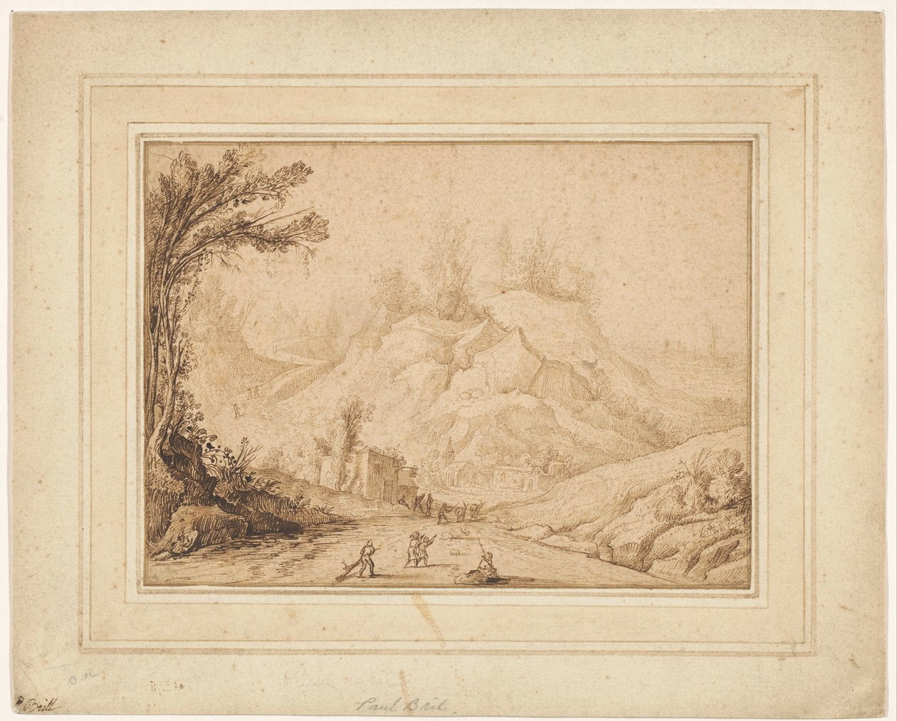 Fjelllandskap med figurer på en vei nær et vertshus av Hendrick Cornelisz. Vroom