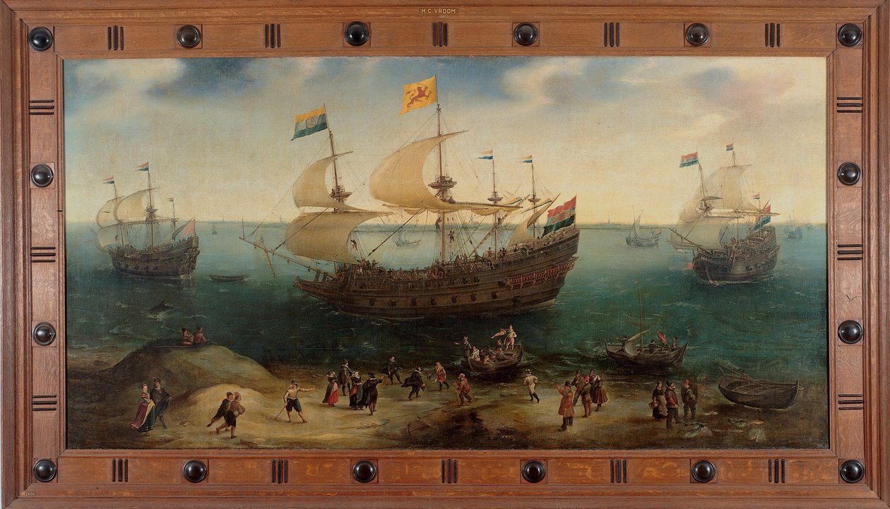 Amsterdam fire-mastet skip De Hollandsche Tuyn og andre skip vender tilbake fra Brasil under kommando av Paulus van Heerden av Hendrick Cornelisz. Vroom