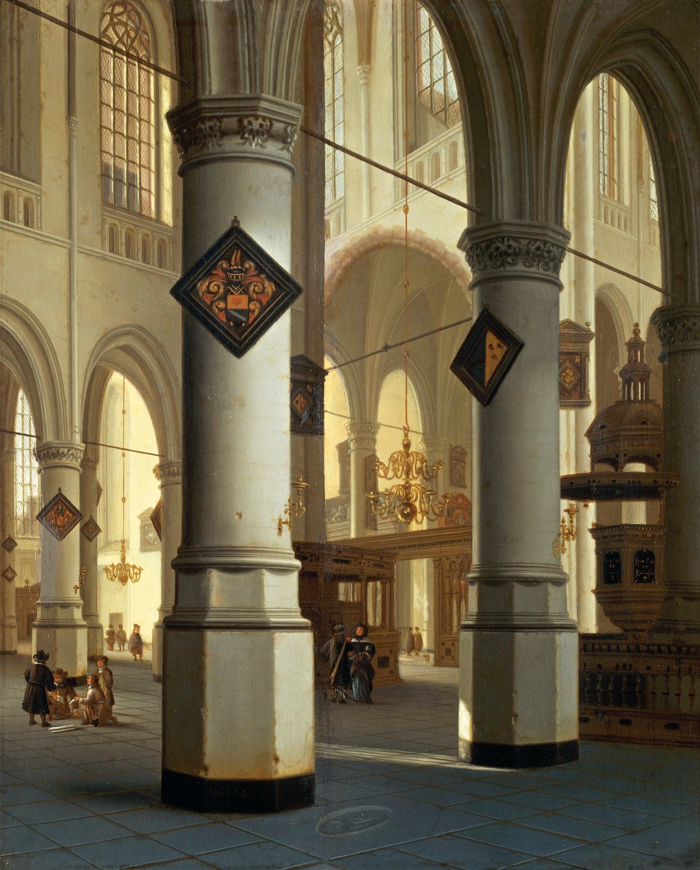Utsikt over Die Oudekerk (gammel kirke) i Delft (maleri av Hendrik Cornelisz. van Vliet