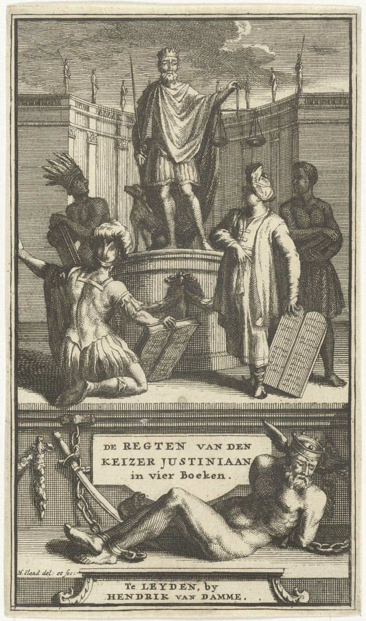 Titelpagina voor De regten van den keizer Justiniaan, Leiden, 1705 de REGTEN van den KEIZER JUSTINIAAN in vier boeken (title on object)   1330196   no       norwegian Successfully Translated  Original: The Imaginary Invalid Translat: The Imaginary Invalid  av Hendrik Elandt