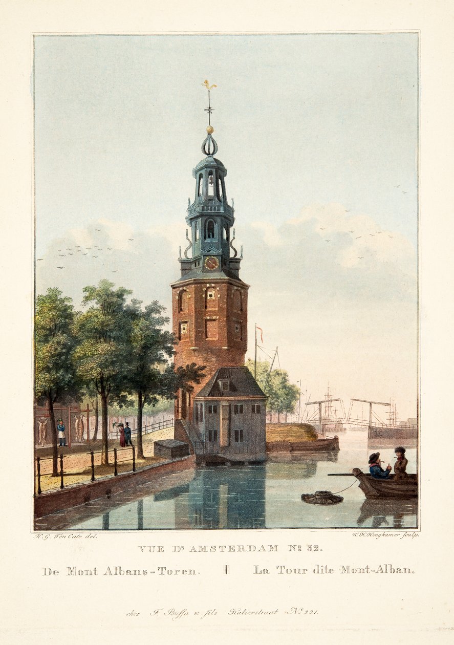 Utsikt over Amsterdam No.32. Fra Mount Albans-Toren. Tårnet kalt Mont-Alban, 1825 (håndfarget gravering) av Hendrik Gerrit ten Cate
