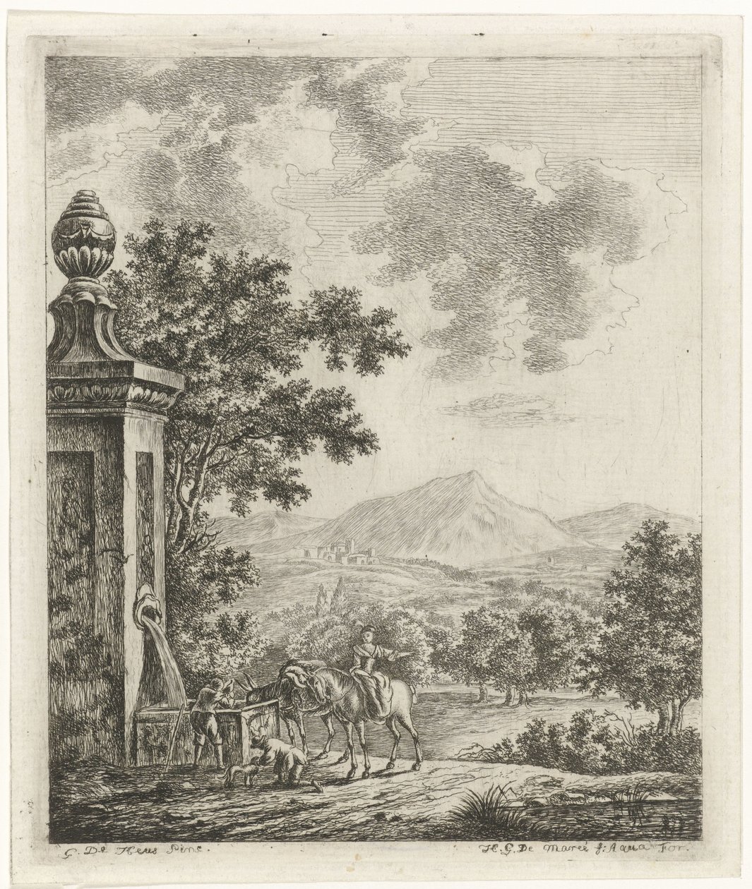 Landskap med figurer ved en brønn av Hendrik Godart de Marée