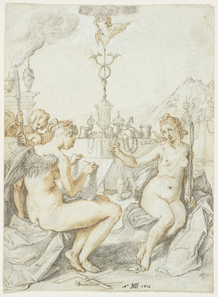 Allegori om kunsten å tegne med kunstnerens emblem, 1612 (blekk, kritt og gouache på papir) av Hendrik Goltzius