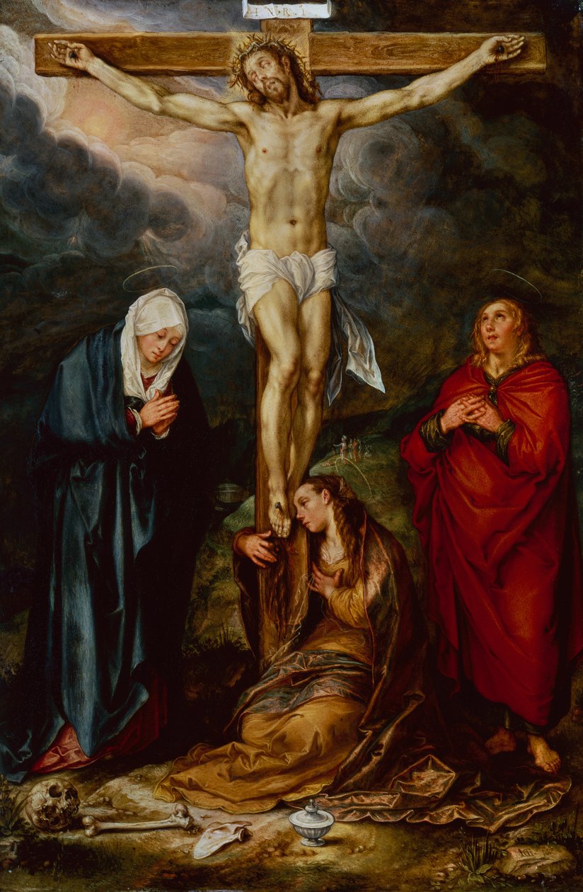 Kristus på korset, med Maria, Johannes og Magdalena (olje på kobber) av Hendrik Goltzius