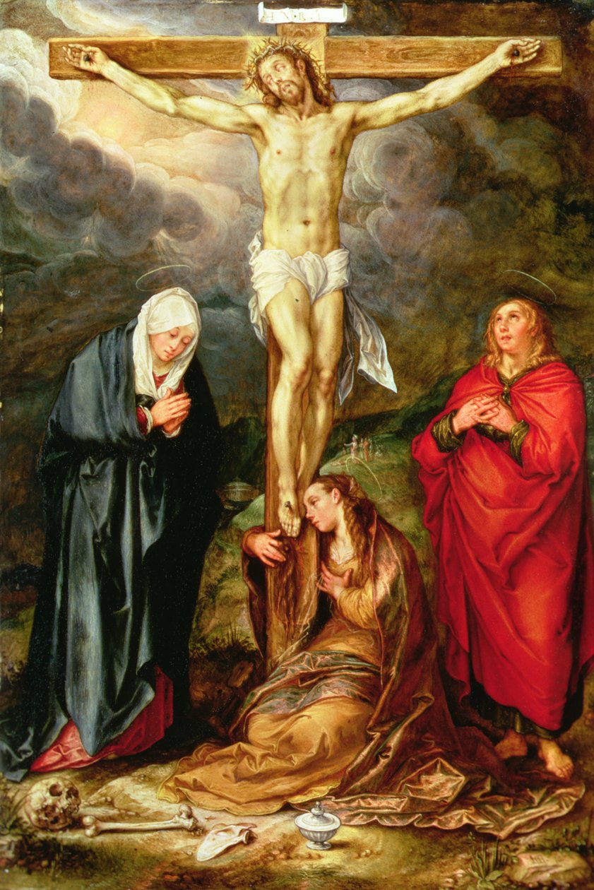 Kristus på korset, med Maria, Johannes og Magdalena, ca. 1600 (olje på kobber) av Hendrik Goltzius