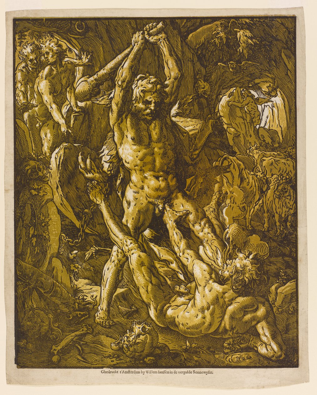 Hercules and Cacus, 1588 (chiaroscuro tresnitt på lagt papir) av Hendrik Goltzius