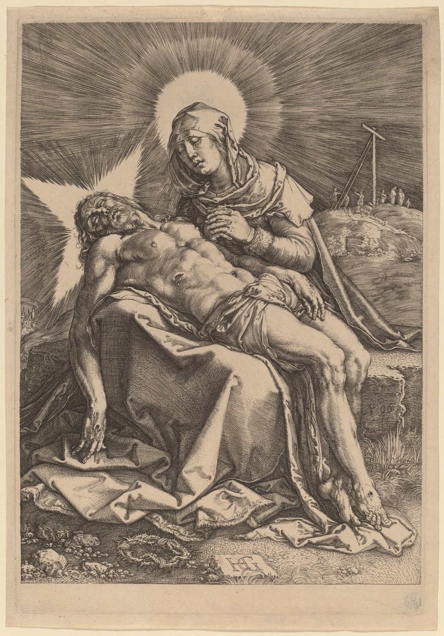 Pietà (Den sørgende jomfru med den døde Kristus i fanget hennes) av Hendrik Goltzius