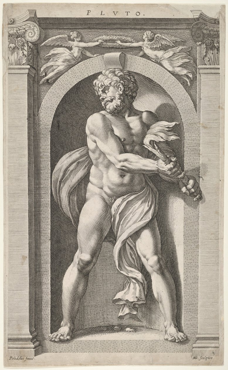 Pluto, på verso skisser av en figur, fire hoder og en søyle, 1592. av Hendrik Goltzius