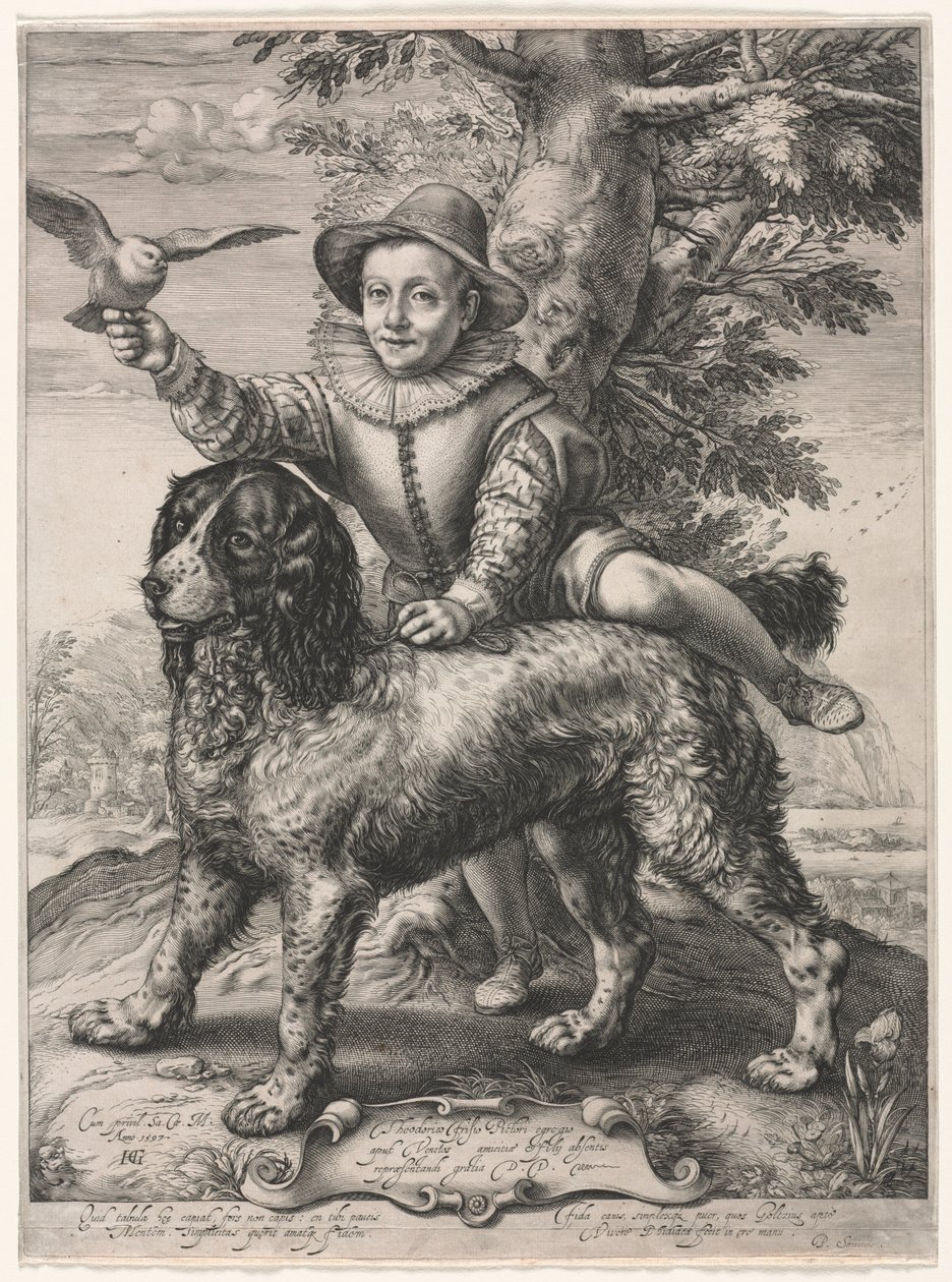 Portrett av Frederick de Vries og hunden hans, 1597. av Hendrik Goltzius
