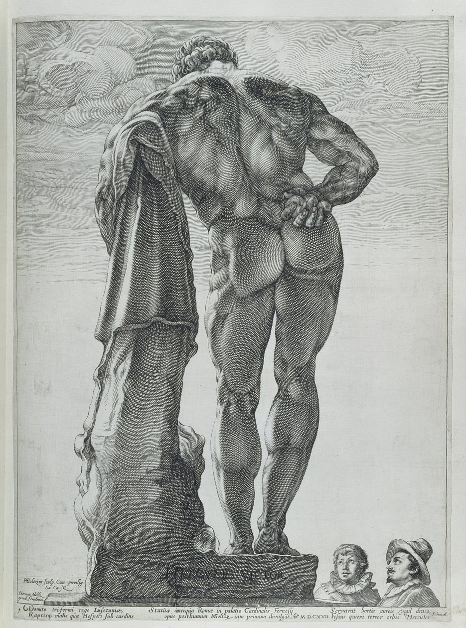 Sett bakfra av Farnese Hercules (kobbergravering) av Hendrik Goltzius