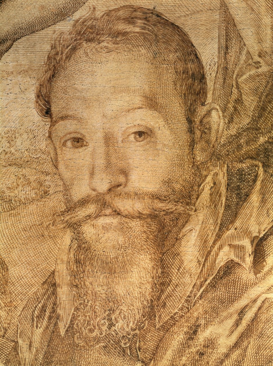 Selvportrett, detalj fra Bacchus, Venus og Ceres, ca. 1606 (penn og brunt blekk) (se 73740) av Hendrik Goltzius