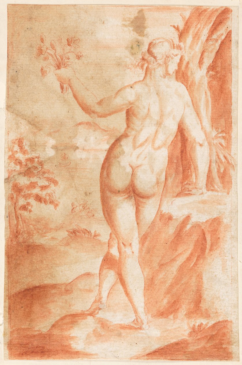 Studie av en naken figur utendørs av Hendrik Goltzius