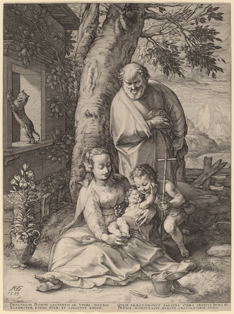 Den hellige familie med spedbarnet døperen Johannes av Hendrik Goltzius