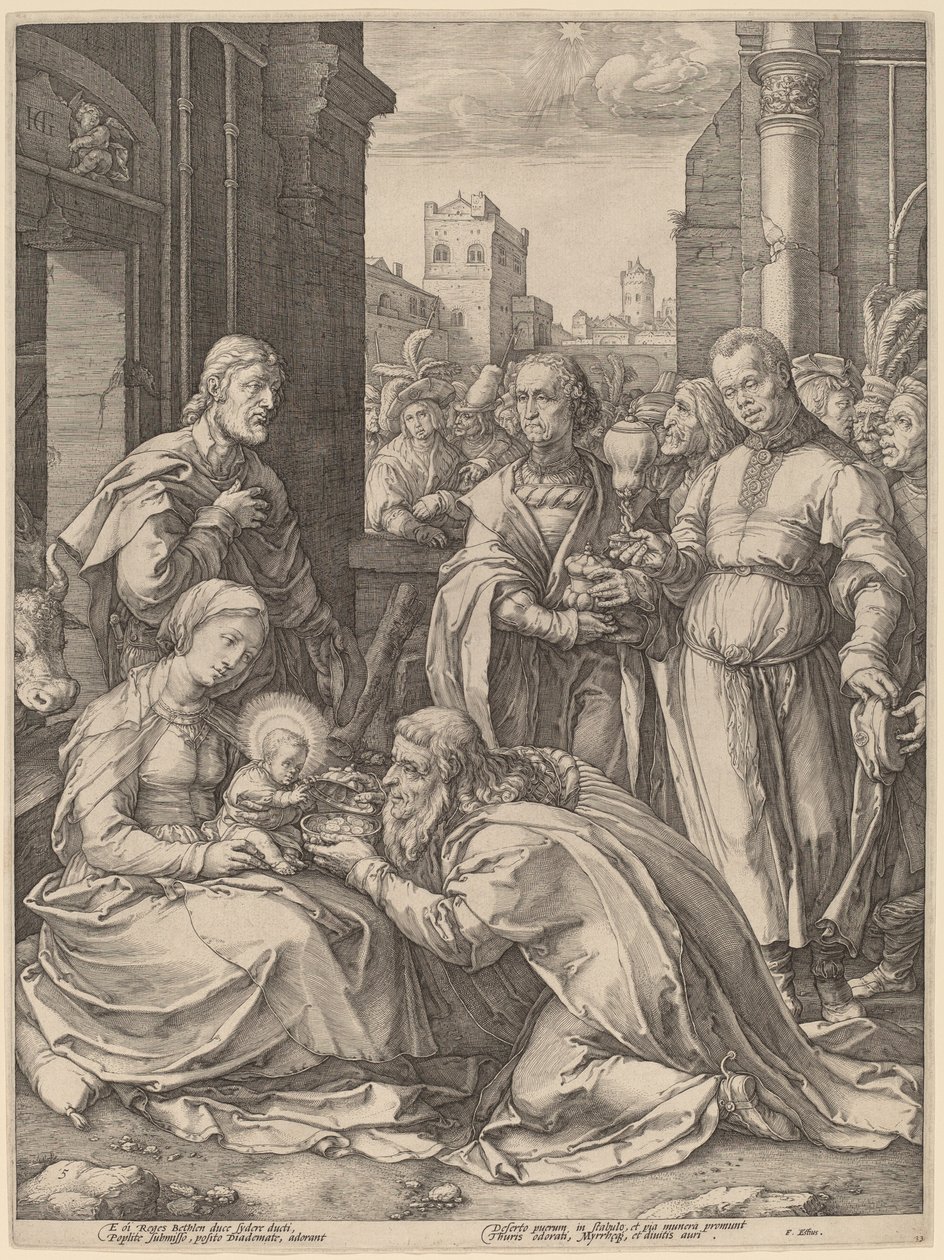 Tilbedelsen av magiene av Hendrik Goltzius in the style of Lucas van Leyden