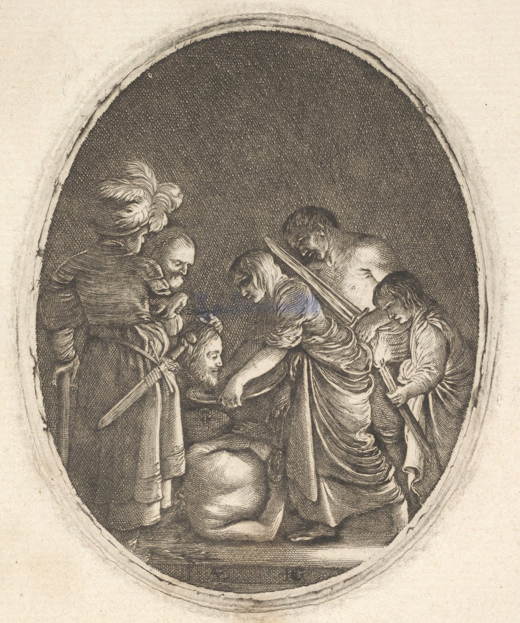 Salome mottar hodet til døperen Johannes, omgitt av tre menn og et barn ..., ca. 1610. av Hendrik Goudt