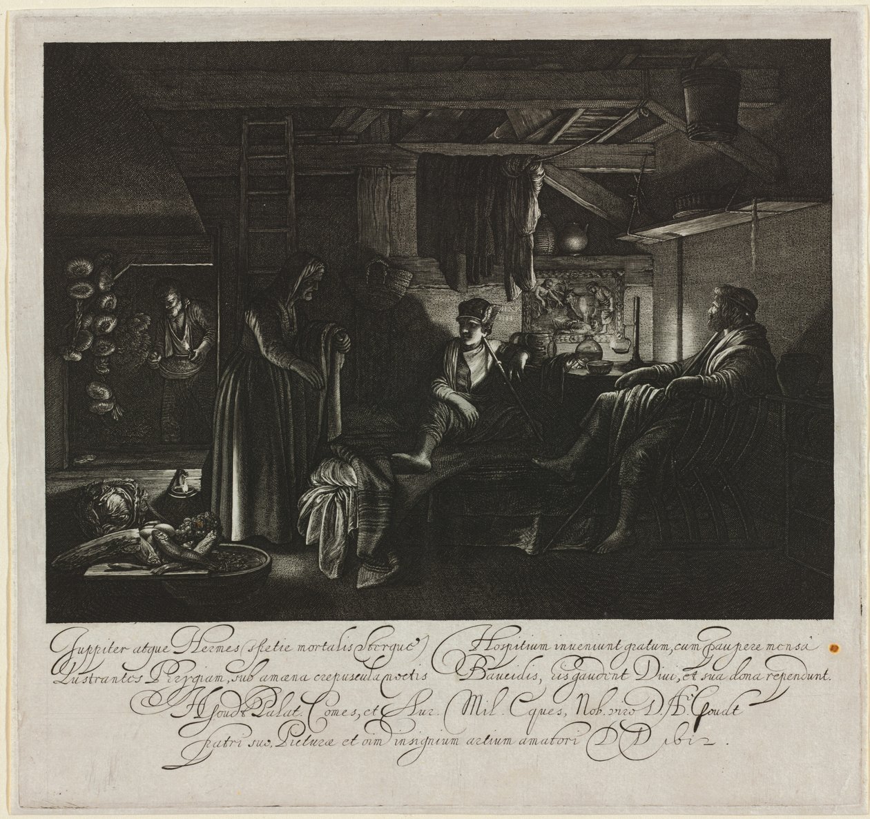 Jupiter og Merkur i huset til Filemon og Baucis av Hendrik Goudt after Adam Elsheimer
