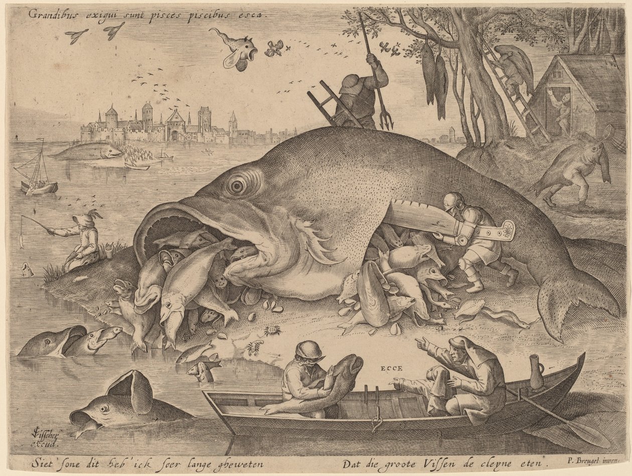 Den store fisken Spis den lille fisken av Hendrik Hondius after Pieter Bruegel the Elder