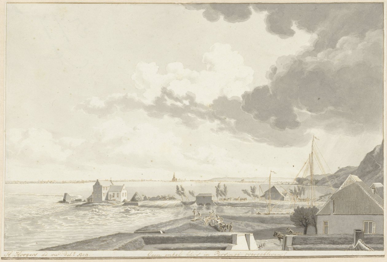 Den oversvømmede Ooijpolder med Persingen i det fjerne, 1809 av Hendrik Hoogers (signed by artist)