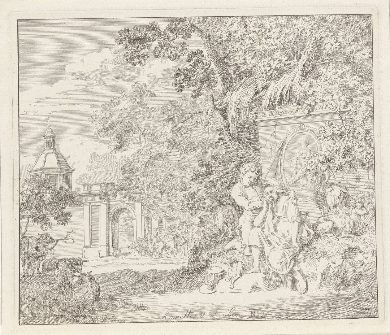 Par ved et klassisk monument og en byport Anette og Lubin (tittel på objekt) av Hendrik Hoogers