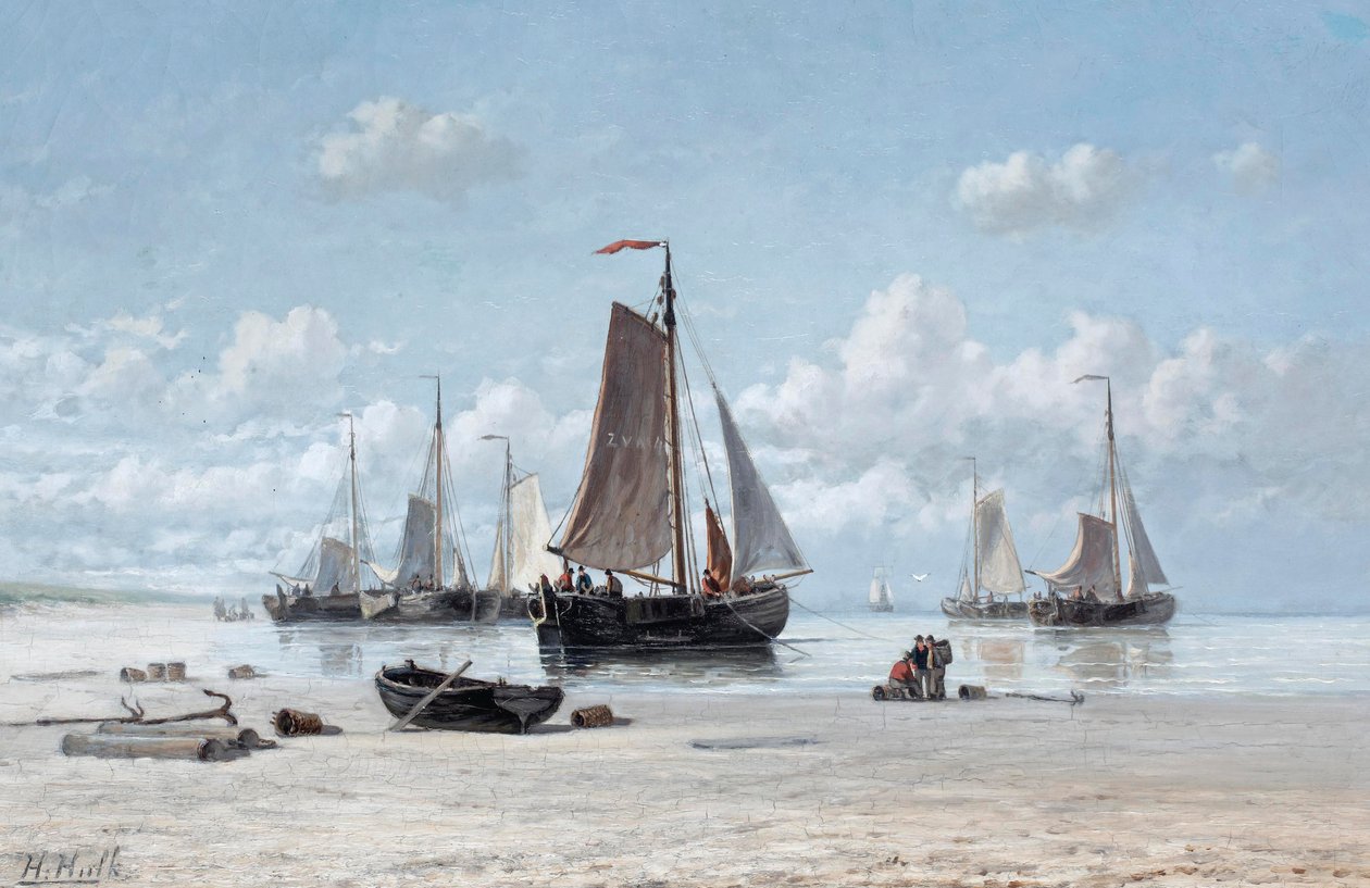 Fishing vessels on the beach, Zandvoort (oil on canvas)   1418021   no       norwegian Successfully Translated  Original: Group of children from Madras, showing mode of wearing jewellery, c.1870 (sepia photo) Translat: Group of children from Madras, showin av Hendrik Hulk