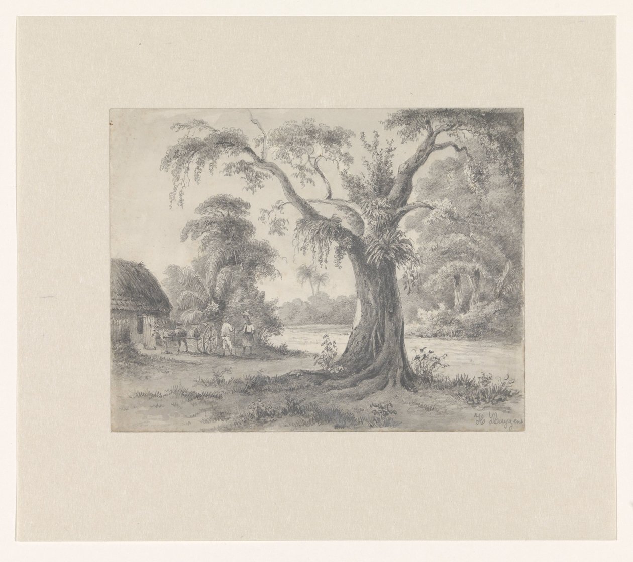 Landskap med tre og hytte med hest og vogn og to figurer av Hendrik Huygens (signed by artist)