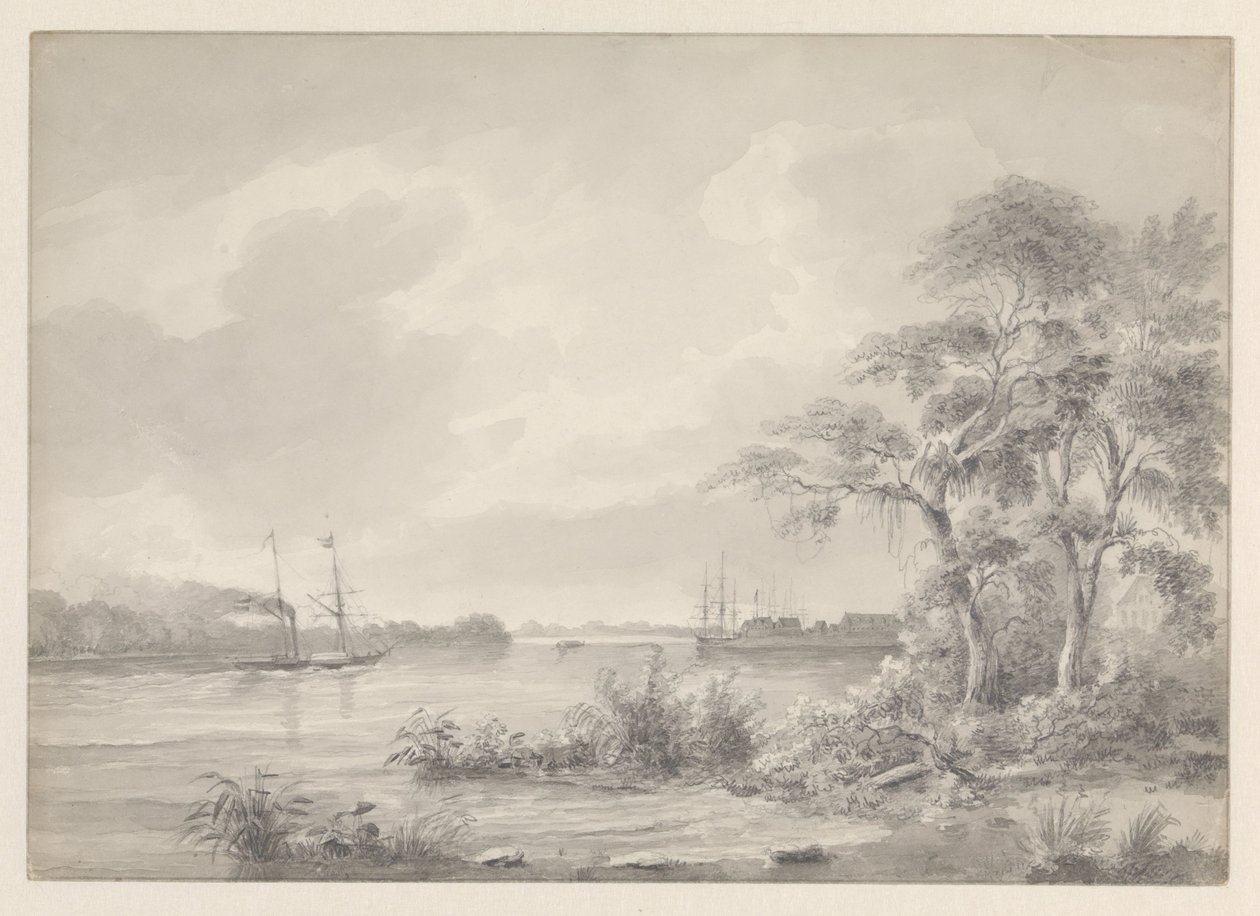 Fort Zeelandia sett når du seiler opp Surinam-elven av Hendrik Huygens