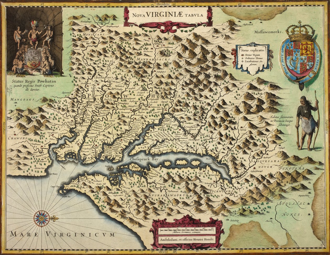 Et kart over Virginia (håndfarget gravering) av Hendrik I Hondius