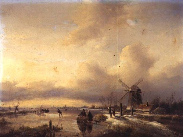 Figurer i et frossen elvelandskap (panel) av Hendrik Jacobus Scholten