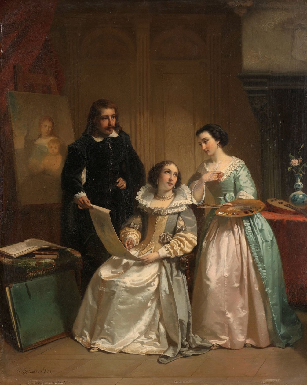 Gerard van Honthorst viser tegningene av sin elev Louise av Böhmen til Amalia van Solms av Hendrik Jacobus Scholten