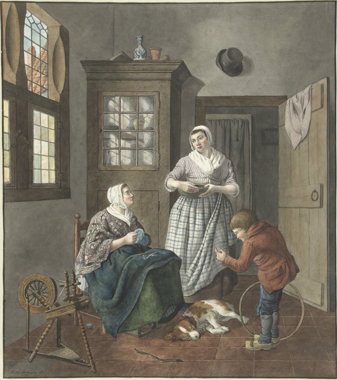 Interiør med sydame, hushjelp og lekende gutt av Hendrik Jan van Amerom
