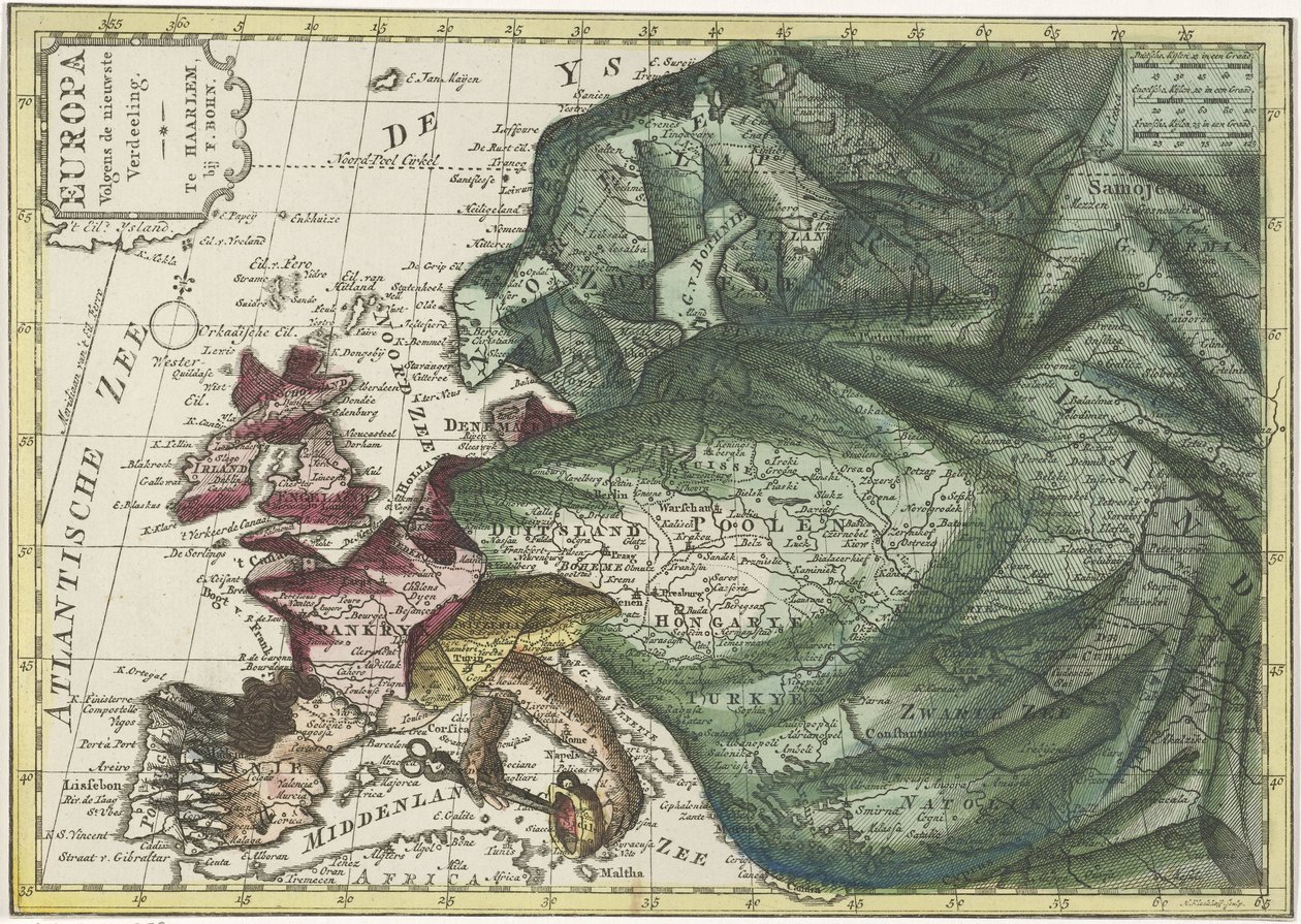 Kart over Europa, farget inn som dronning Europa i henhold til den siste inndelingen (tittel på objekt) av Hendrik Kloekhoff