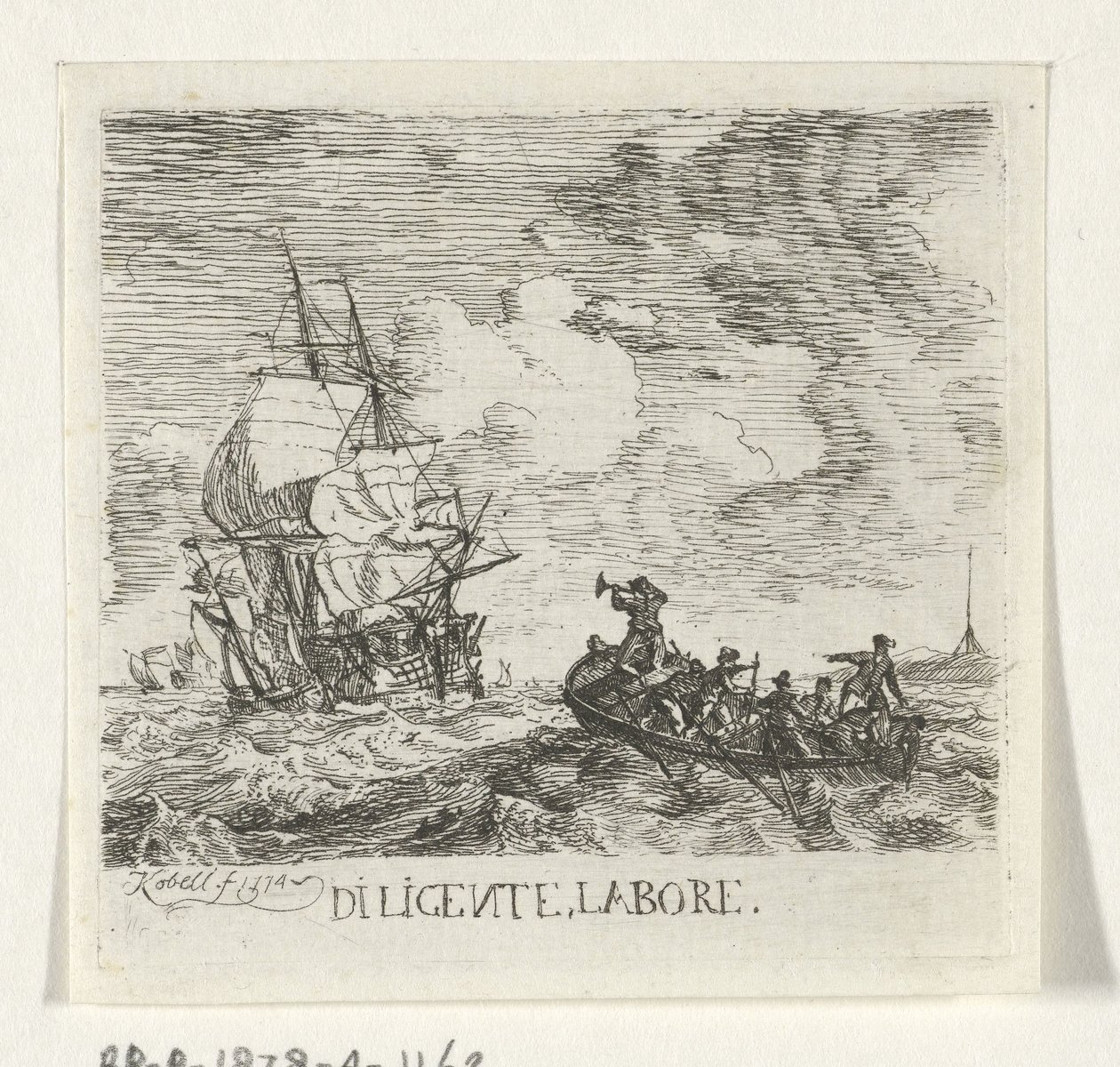 Villt vann med forskjellige båter Diligente, labore (tittel på objekt) av Hendrik Kobell