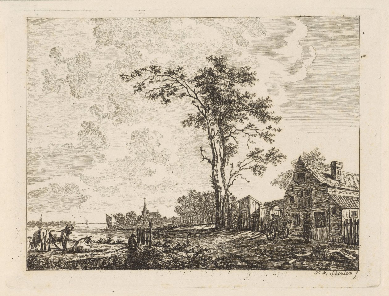 Landskap med et hus ved en elv av Hendrik Marcus Schouten