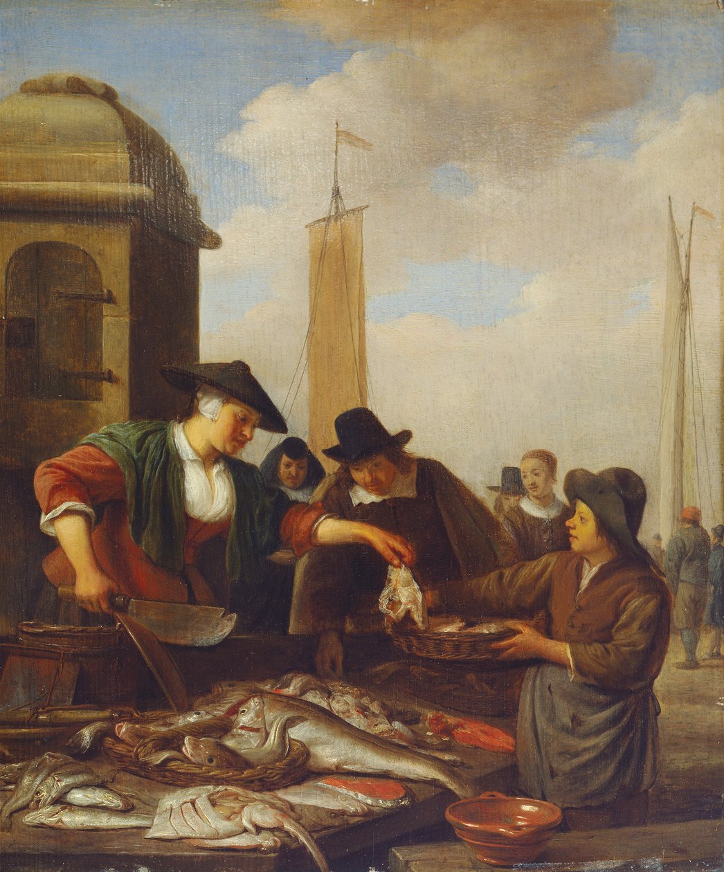 En fiskebod ved en havn (olje på panel) av Hendrik Martensz Sorgh