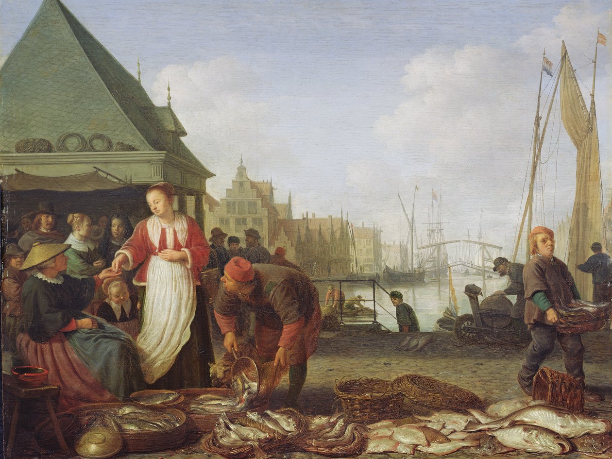 Rotterdam fiskemarked (olje på eikepanel) av Hendrik Martensz Sorgh
