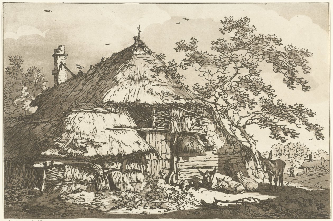Gård med ku, to sauer og et esel på tunet Tolv design beregnet for bruk av de som lærer å tegne landskap (serietittel) av Hendrik Meijer