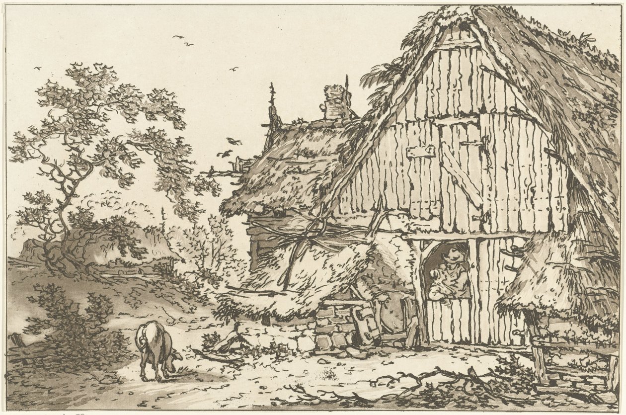Boerderij med twee mennesker i døråpningen Tolv design beregnet for bruk av de som lærer å tegne landskap (serietittel) av Hendrik Meijer
