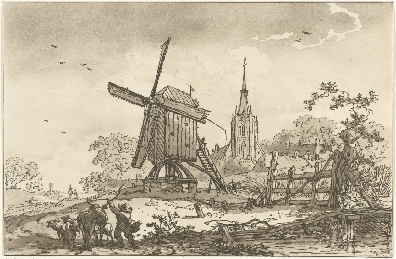 Landskap med vindmølle og kirke Tolv design beregnet for bruk av de som lærer å tegne landskap (serietittel) av Hendrik Meijer