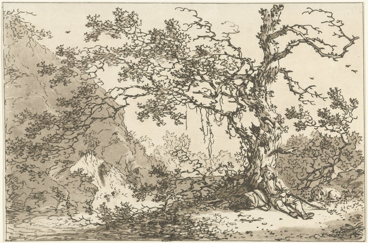 Hvilende reisende med hunden sin i et landskap Tolv design beregnet for bruk av de som lærer å tegne landskap (serietittel) av Hendrik Meijer