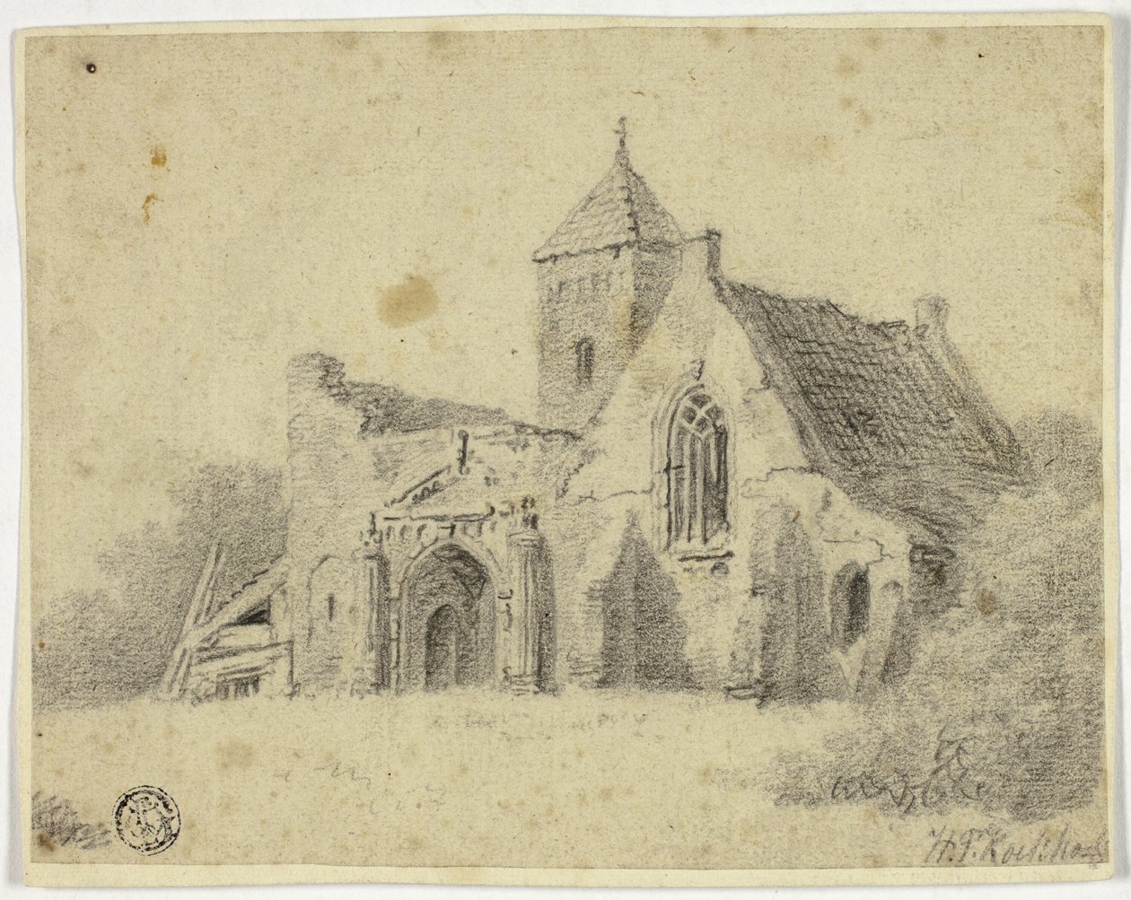 Landskirke i ruiner av Hendrik Pieter Koekkoek