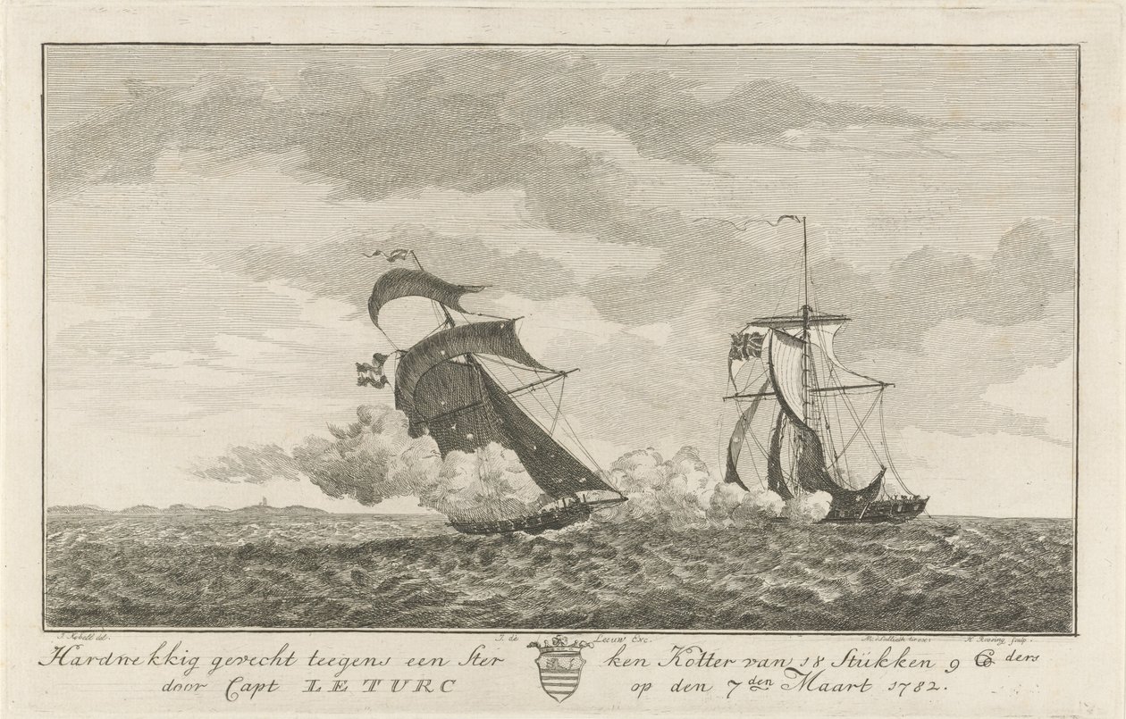 Kamp mot en sterk kutter, 1782 Stædig kamp mot en sterk kutter på 18 stykker (...) av Capt: Le Turc den 7. mars 1782 (tittel på objekt) av Hendrik Roosing