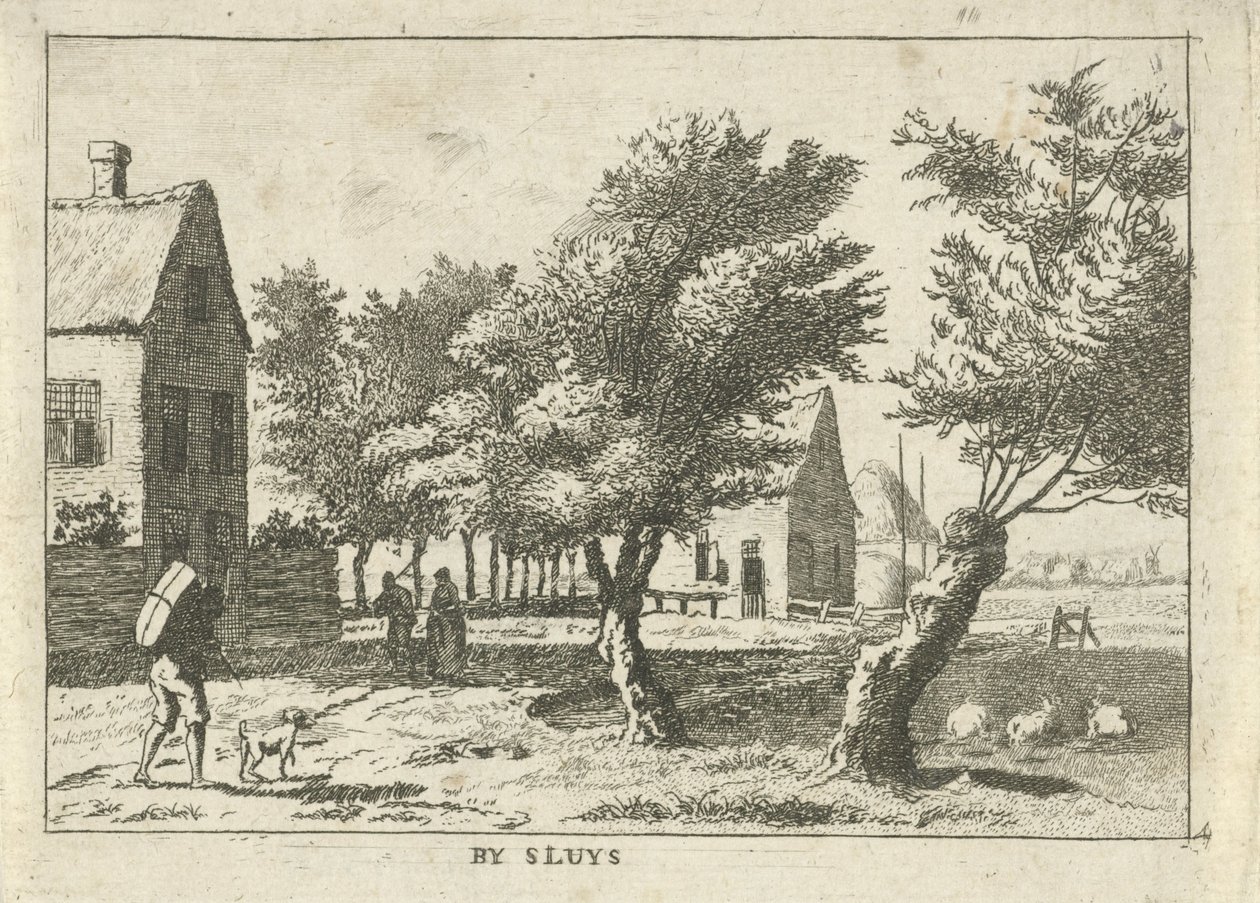 Reisende i en landsby Av Sluys (tittel på objekt) Landskap i Schieland-regionen (serietittel) av Hendrik Roosing