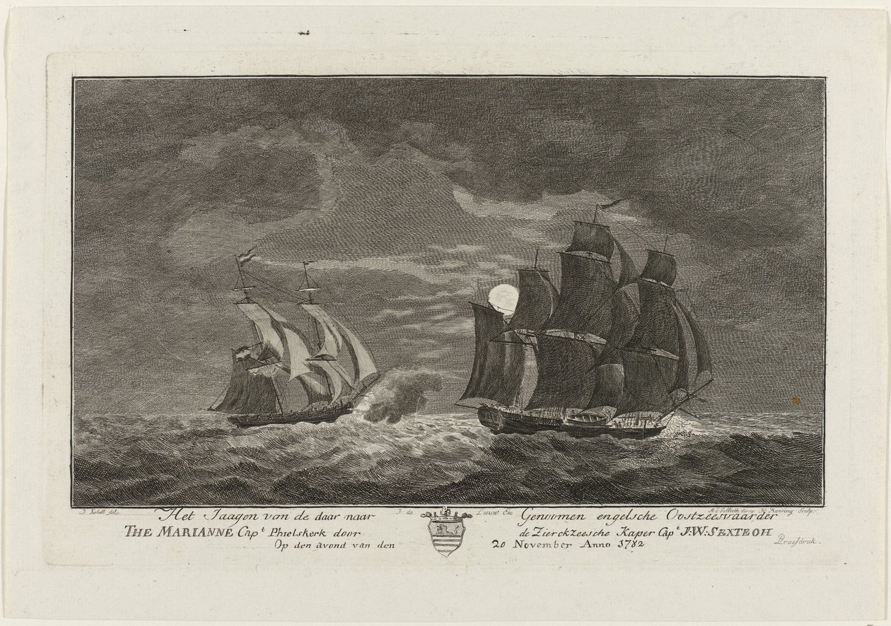 Sextroh Hunts on the Marianne, 1782 Jakten på den engelske østersjøfareren der til genomer Marianne Capt. Philskerk av Zierikzeesche Kaper Capt. J:W:Sextroh Om kvelden 20. november Anno 1782 (tittel på objekt) av Hendrik Roosing