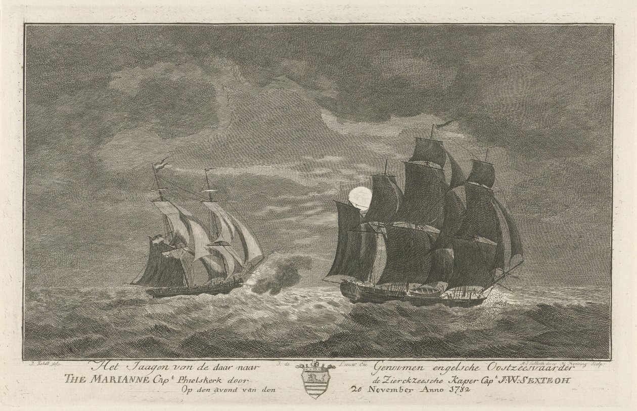 Sextroh Hunting on the Marianne, 1782 Jakten på det tatt engelske Østersjøfartøyet Marianne Capt. Phielskerk av Zierikzeesche Kaper Capt. J:W:Sextroh Om kvelden den 20. november Anno 1782 (tittel på objekt) av Hendrik Roosing