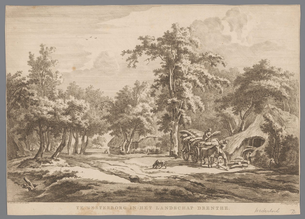 Landskap med høyvogn nær Westerbork I Westerborg i landskapet Drenthe (tittel på objekt) Ni ansikter i Drenthe (serietittel) IX ansikter i og nær Drenthes landskap (serietittel) av Hendrik Schwegman