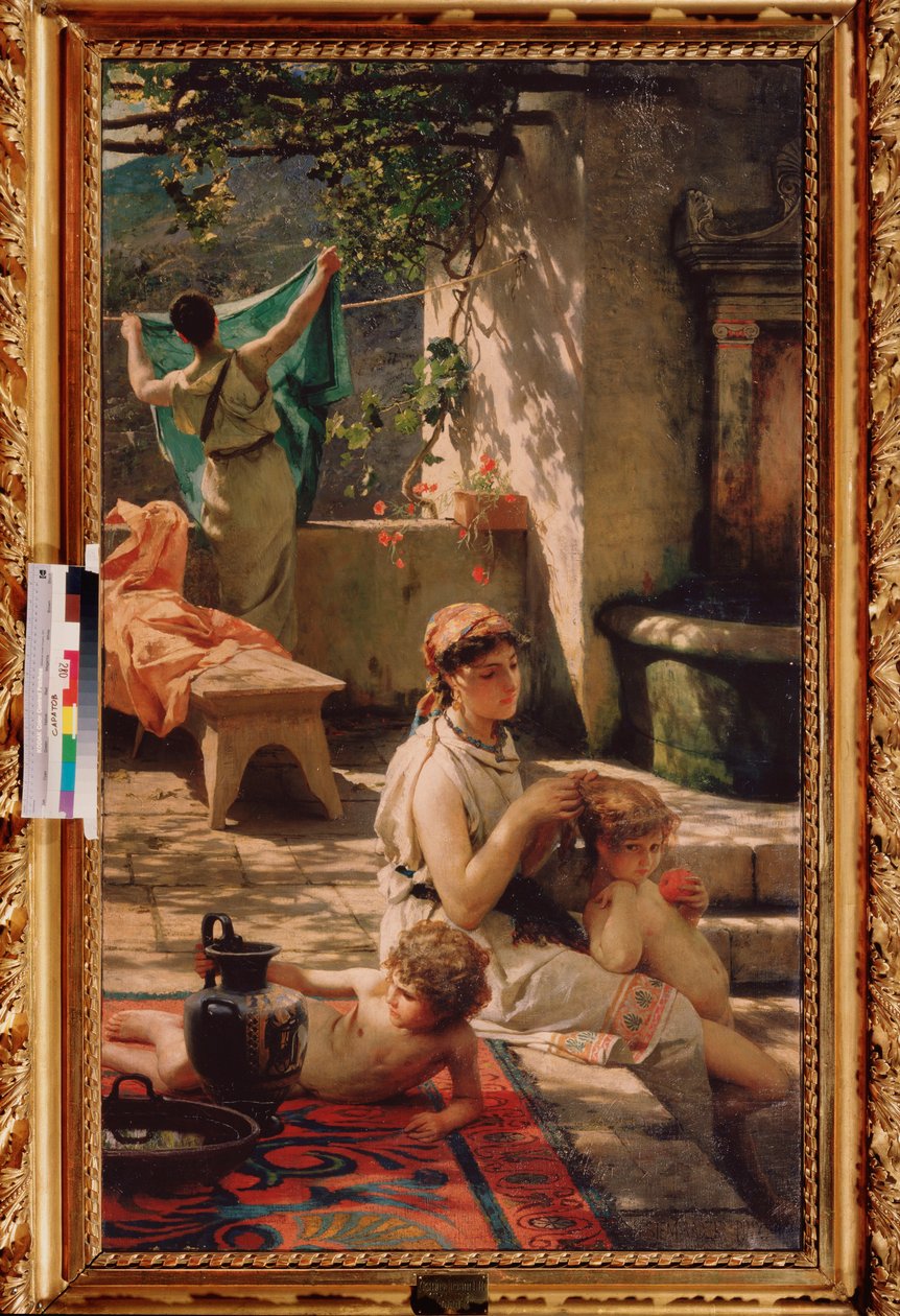 Ved brønnen. (En kvinne tar håret til barnet sitt, en annen henger ut klesvasken). Maleri av Henryk Siemiradzki (1843-1902), olje på lerret av Henryk Siemiradzki