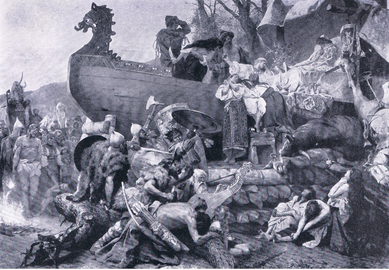 Kremasjon av en høvding i det østlige Russland på det tiende århundre, illustrasjon fra Landmarks in European History utgitt av Gresham Publishing Co, ca. 1920 (litho) av Henryk Siemiradzki