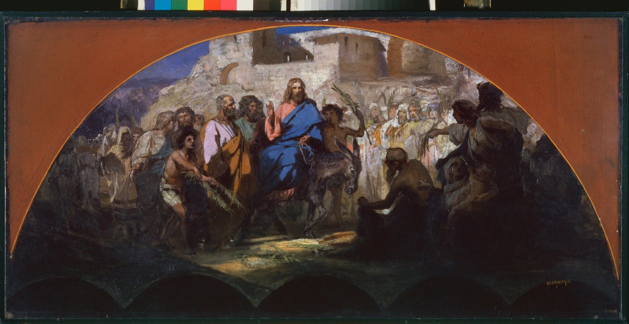 Kristi inntog i Jerusalem. (rider på et esel, omgitt av folkemengden som vinker og legger grener på vei). Verk av Henryk Siemiradzki (1843-1902), olje på papp av Henryk Siemiradzki